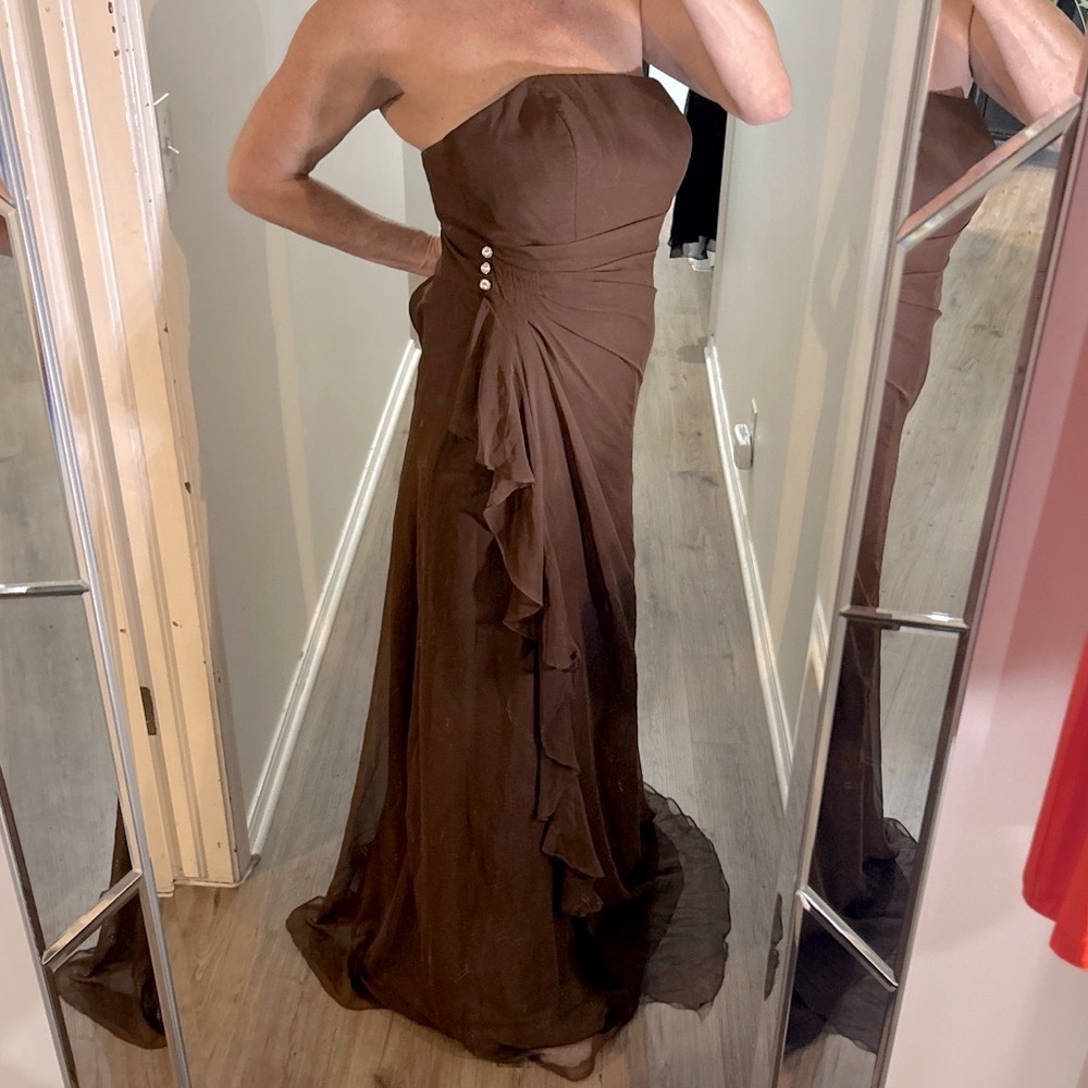 NWT Mori Lee Brown Chiffon long evening dress with wrap scarf and rhinestones